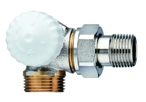 Thermostat-Ventilunterteil mit gewinkeltem Anschluss und Außengewinde, hergestellt von IMI Hydronic Engineering. Eignet sich für Heizungsanwendungen.